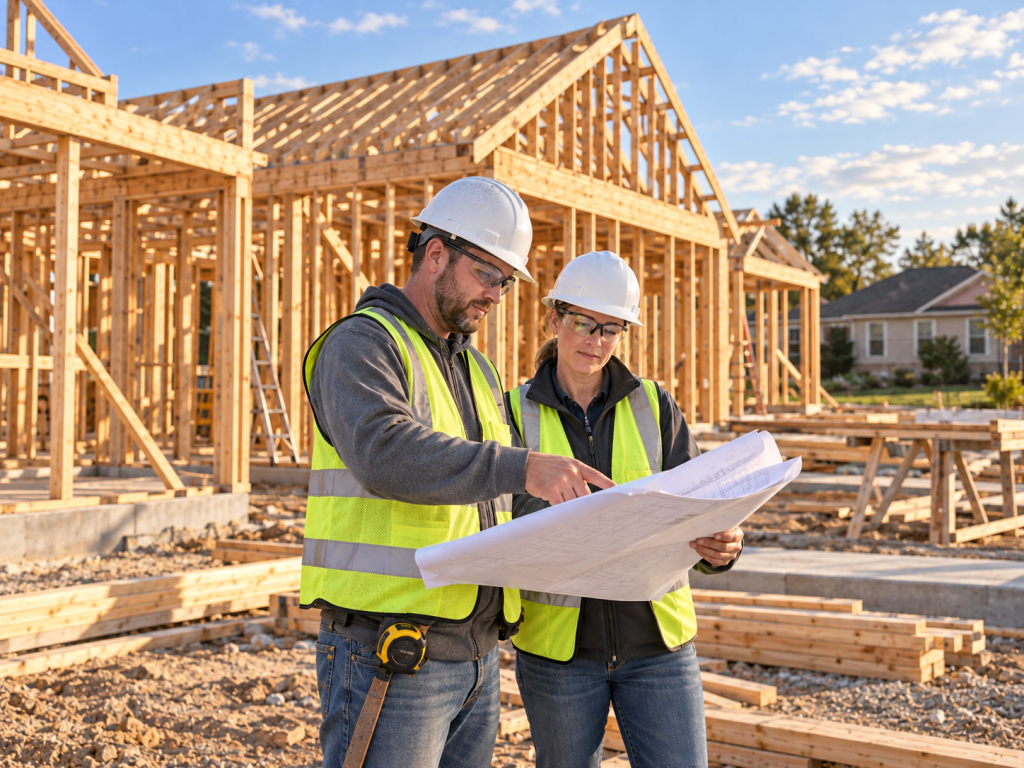 Two construction professionals reviewing plans beside the timber frame of a new home