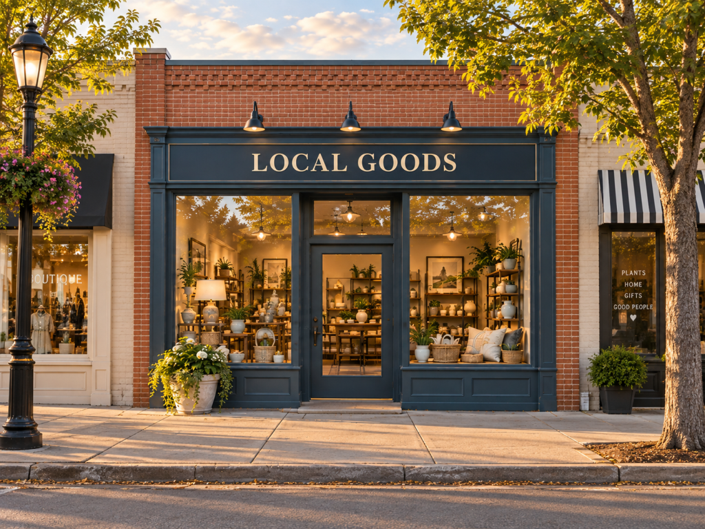 The complete front of a welcoming brick retail store with a Local Goods sign and display windows