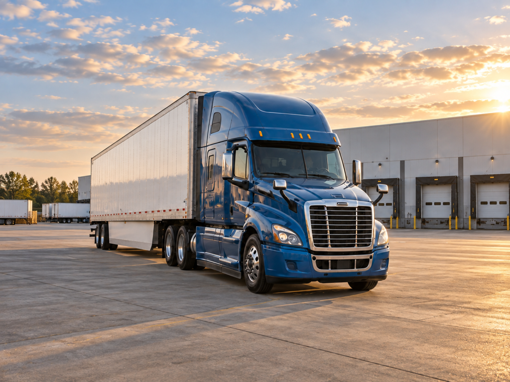 A blue semi-truck with a white trailer parked in a clean logistics yard