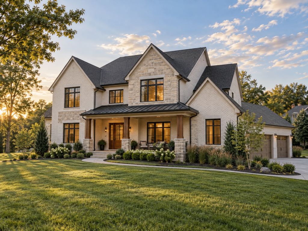 A spacious modern brick-and-stone home with a covered porch and landscaped lawn at sunset