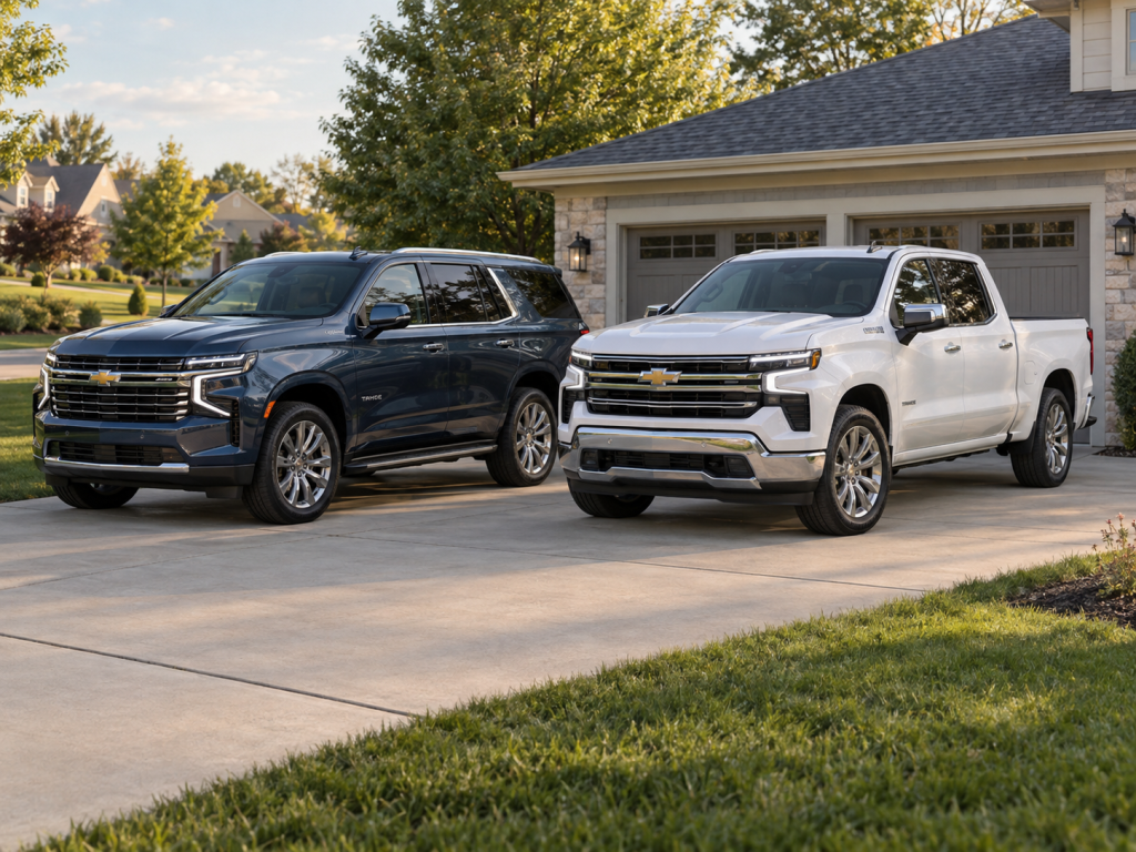 A blue full-size SUV and a white crew-cab pickup parked in a neighborhood driveway